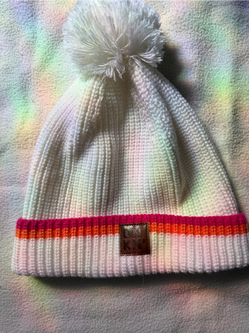 Dunkin’ White Knit Pom Beanie with Pink & Orange Stripes